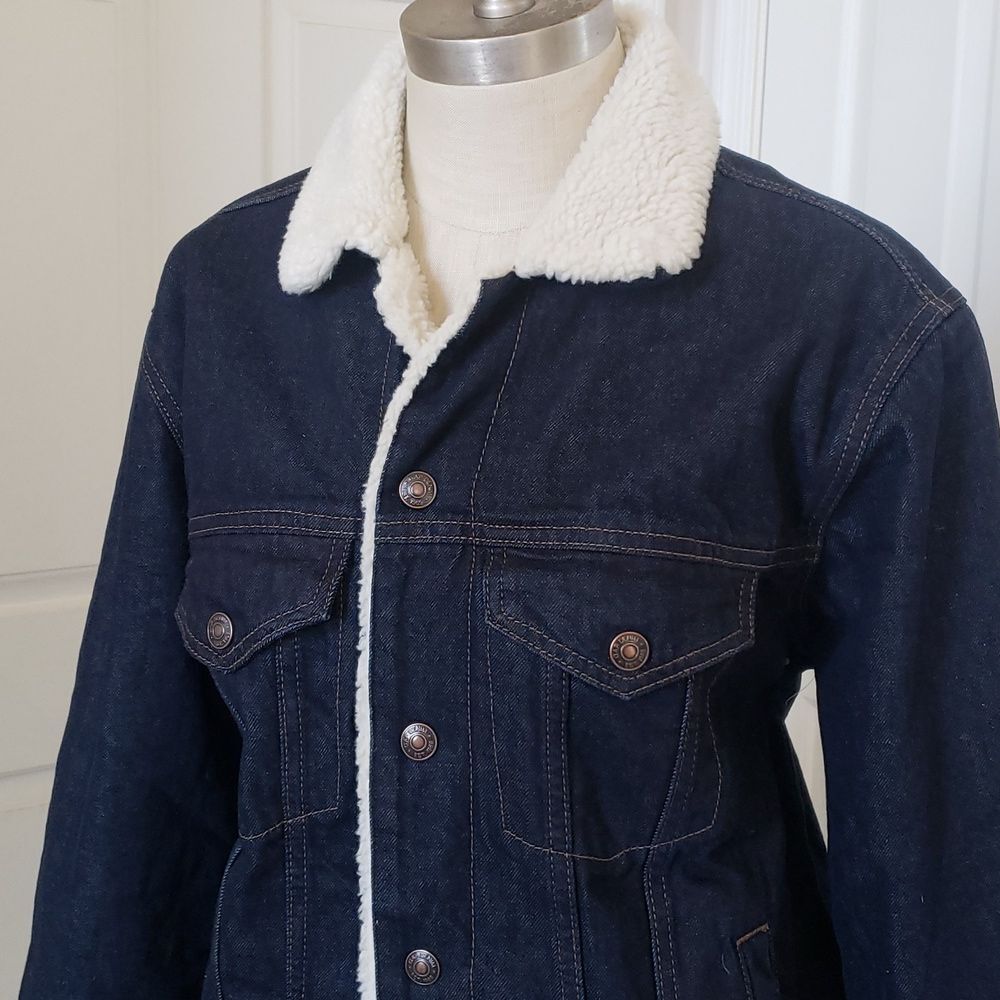 GAP Sherpa Lined Denim Trucker Jacket Dark Blue Oversized Cozy • SIZE SMALL - Picture 4 of 14